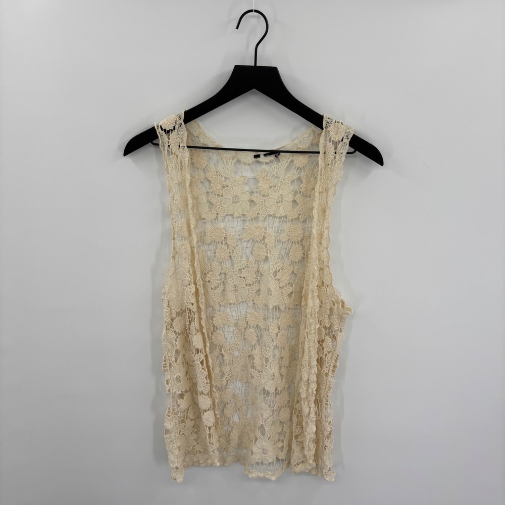 Womens Cream Floral Crochet Lace Vest Sleeveless Open Front Boho Cardigan‎ Y2K
